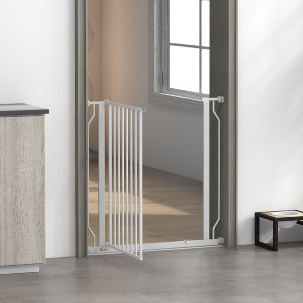 White pet gate with door and double locking system