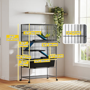 59" 5-Tier Rolling Ferret Cage with Anti-Slip Ramps and Hammock, Dark Grey