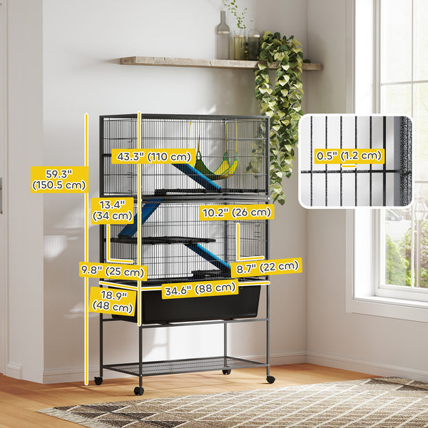 59" 5-Tier Rolling Ferret Cage with Anti-Slip Ramps and Hammock, Dark Grey