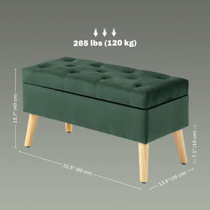 Storage ottoman with velvet upholstered lid and wooden legs, dark green