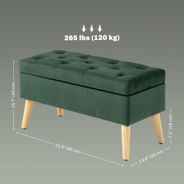 Storage ottoman with velvet upholstered lid and wooden legs, dark green