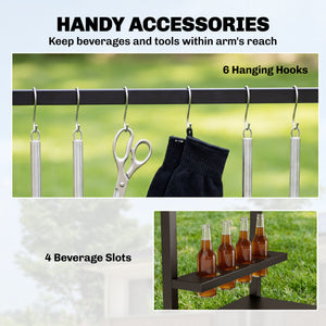 2-Tier Outdoor BBQ Cart, Grill Stand with Drink Holder, Hooks, and Wheels, Black and Brown