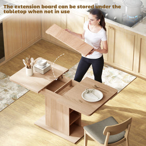 Extendable dining table for 4 to 6 people with 6 open shelves, in natural wood.