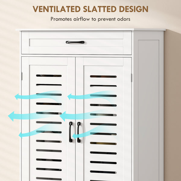Shoe cabinet with louvered doors, drawer and adjustable shelves, white