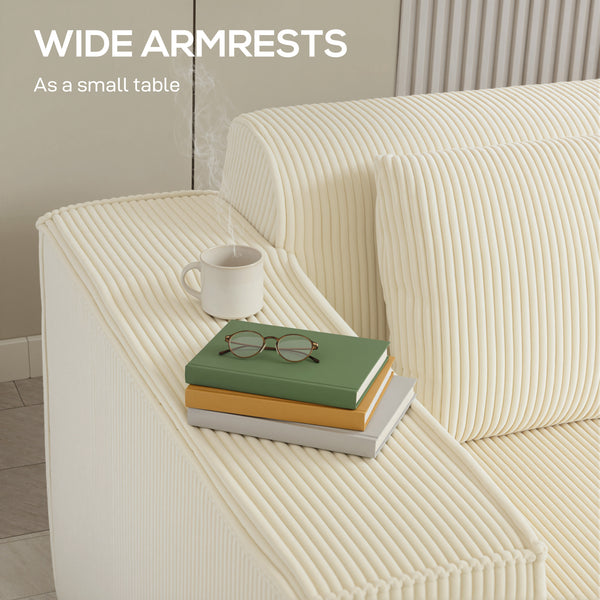 Three-seater corduroy sofa with deep seat, wide armrests, and two cushions, beige.