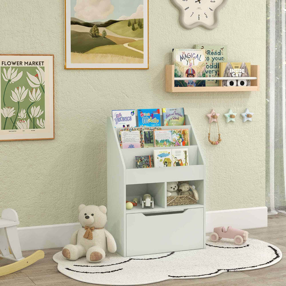 Bookcase with storage drawer for books, green 