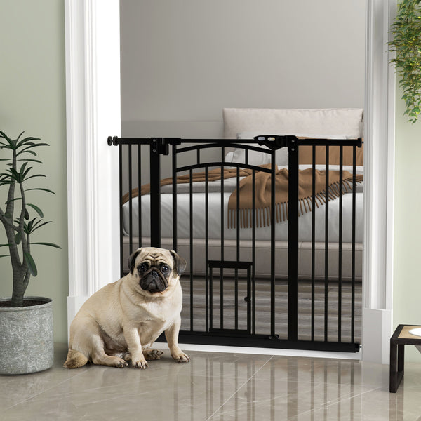 Self-closing pet gate with cat flap, black