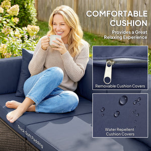 7-piece braided resin garden set with coffee table, rattan corner sofa, navy blue