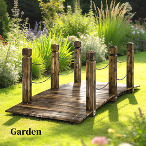 Decorative carbonized wooden bridge with chain railings for garden path, 1.5 m (5 ft)