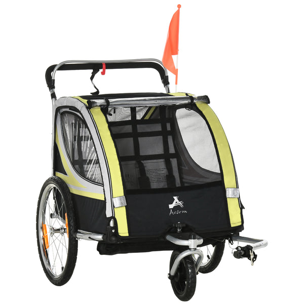 2-seater bicycle trailer with handbrake, 5-point harness, yellow