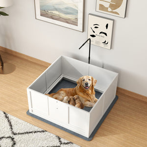 Whelping box with retractable light stand and waterproof mat