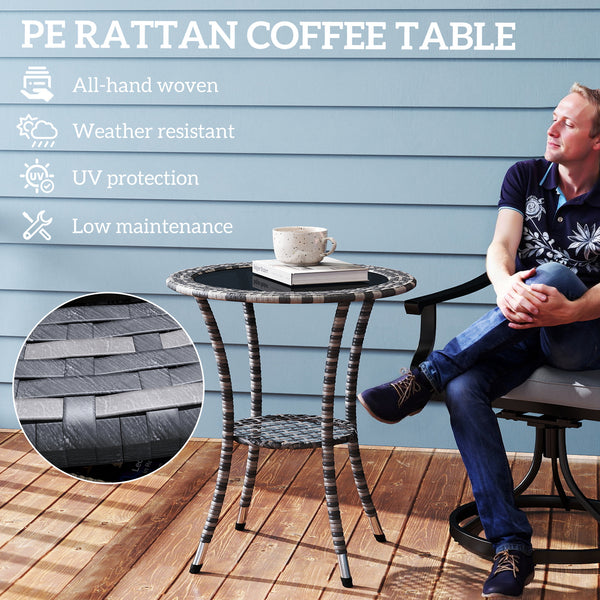 Outdoor rattan dining table with 2-tier storage shelf, grey