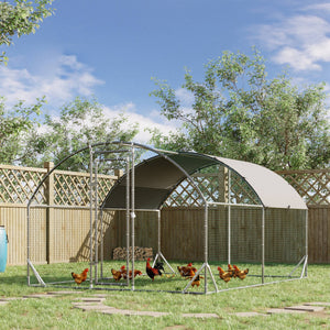 Large galvanized metal chicken coop with outdoor run