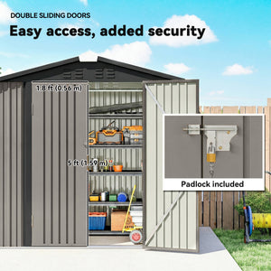 Metal garden shed, with lockable double door and 4 vents, grey