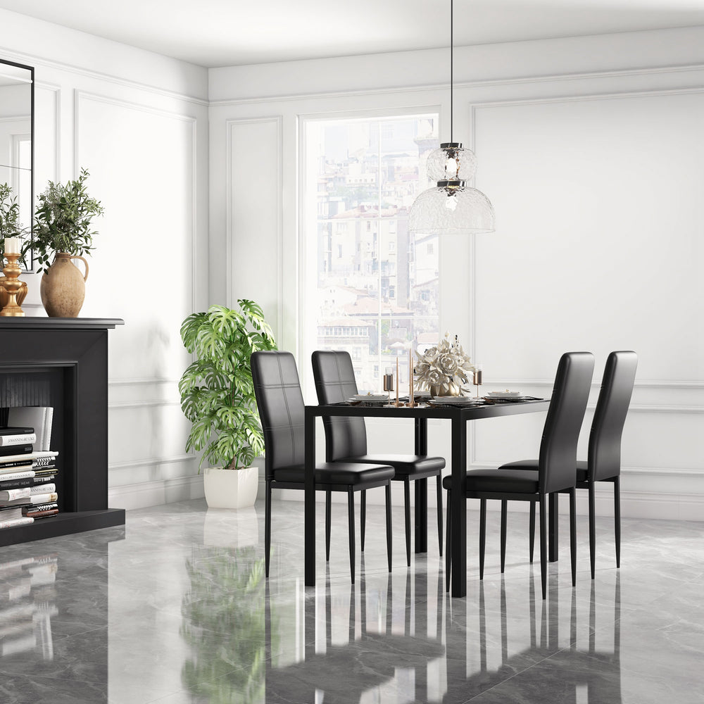 Rectangular Glass Top Kitchen Table and Chair Set with Metal Frame and Faux Leather Upholstery for Dining Room, Black