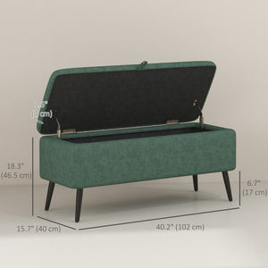 Linen Upholstered Storage Pouf with Steel Legs, Dark Green