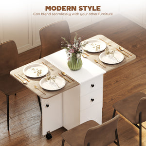 Mobile folding table on casters with drawers and cupboard, white and oak
