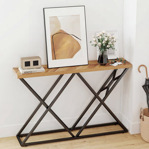 55-inch console table with sturdy metal frame and wood storage