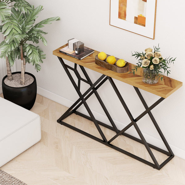 55-inch console table with sturdy metal frame and wood storage