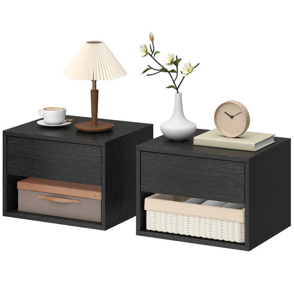 Set of 2 floating nightstands with drawer and open shelf – Black