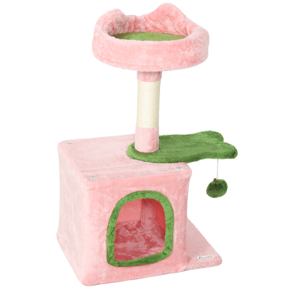 71cm Cat Tree with Soft Bed, Comfortable Cave, Scratching Post and Hanging Ball, Pink and Green