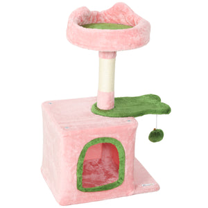 71cm Cat Tree with Soft Bed, Comfortable Cave, Scratching Post and Hanging Ball, Pink and Green