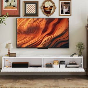 Floating wall-mounted TV unit for TVs up to 72 inches with 2 fluted drop-down doors, white