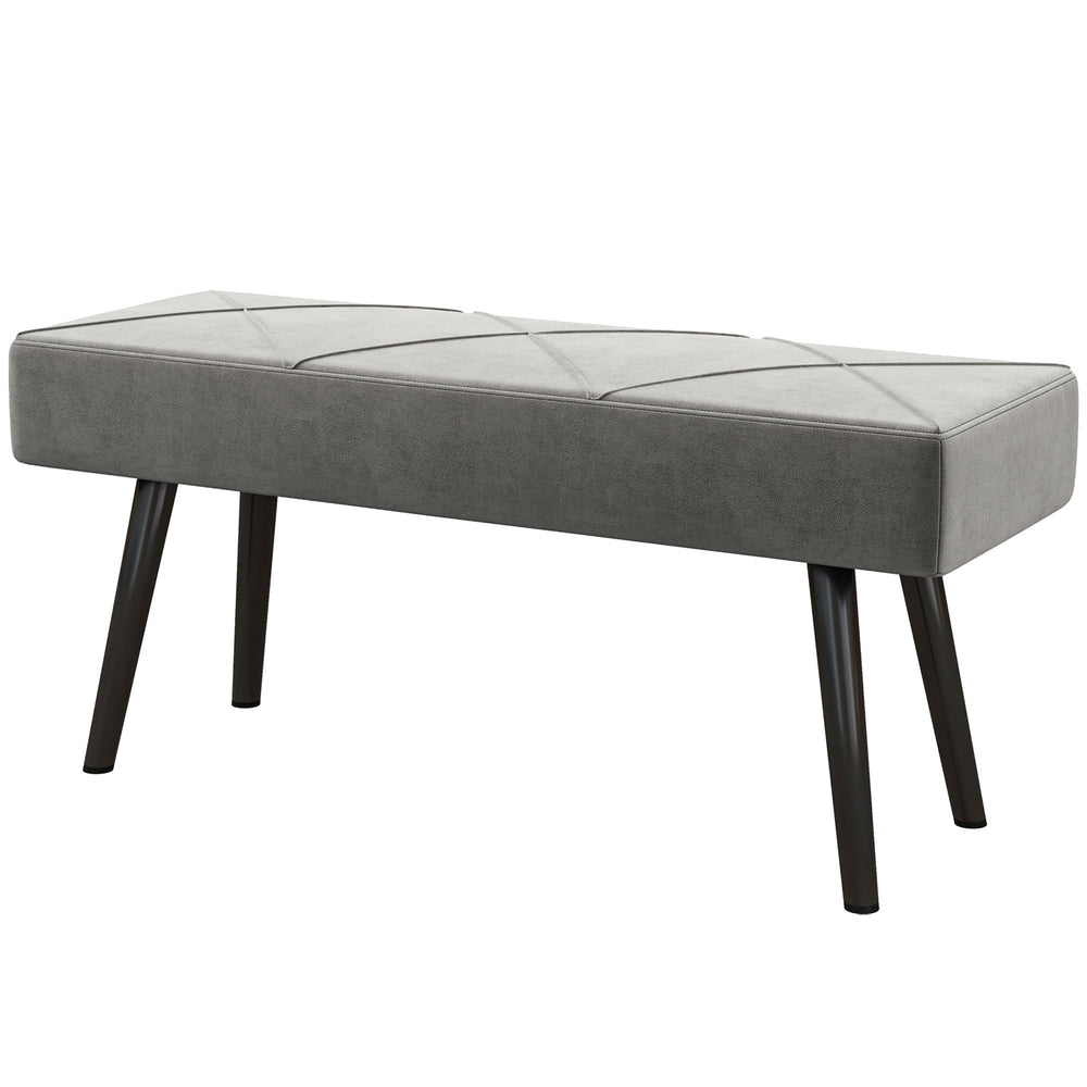 Upholstered bedroom bench with steel legs, gray