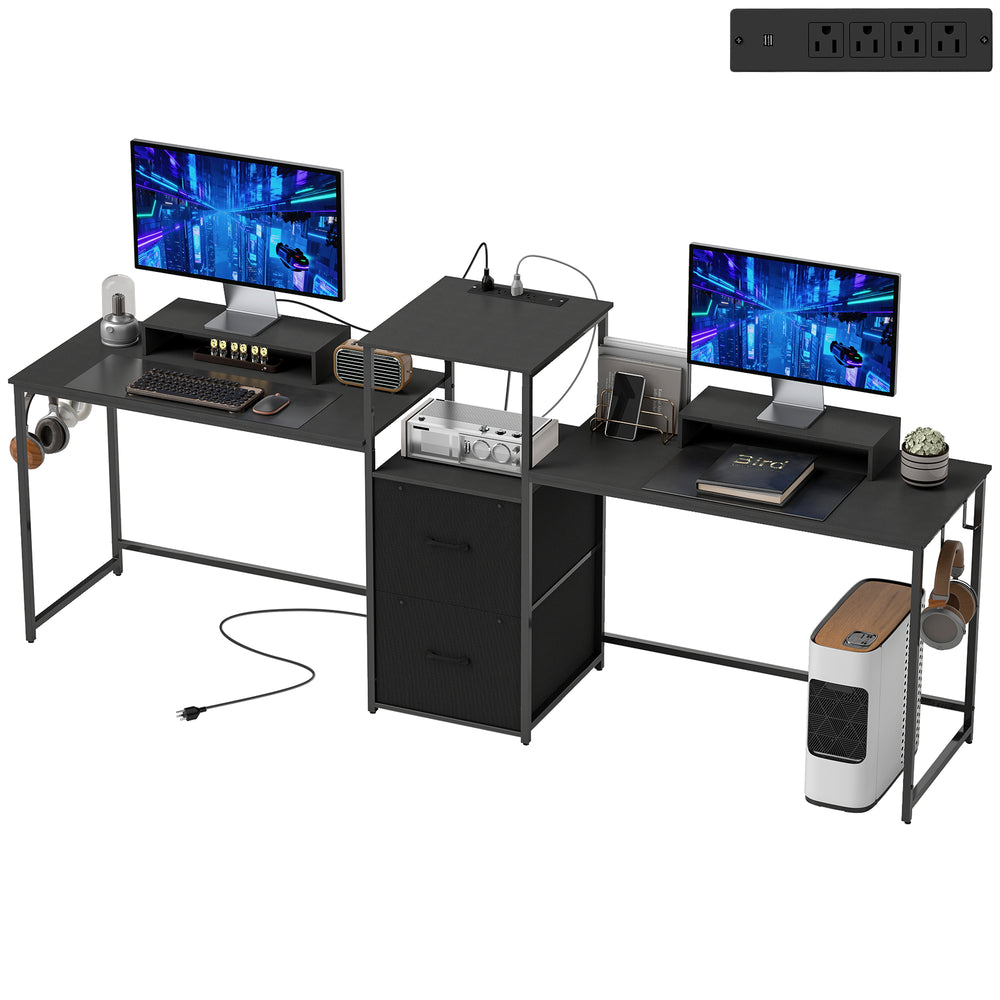 96-inch double gaming desk for 2 people with power outlets and monitor mounts, black