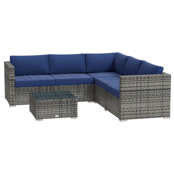 4 Piece Wicker Rattan Living Room Set with Corner Sofa, Loveseats and Coffee Table Cushions, Navy Blue