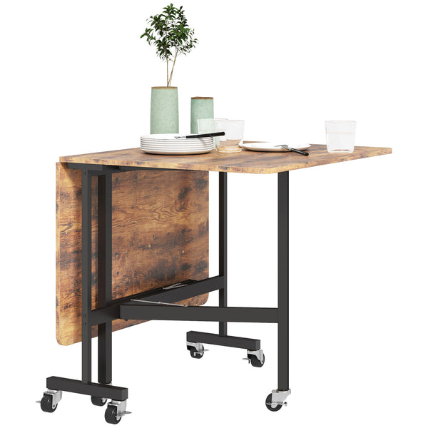 Folding drop-leaf dining table on casters for 6 people – Rustic brown and black
