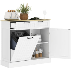 Tilt-out trash can cabinet with 2 drawers, white