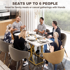 Dining table for 6 people, modern marble pattern kitchen table with metal pedestal, white