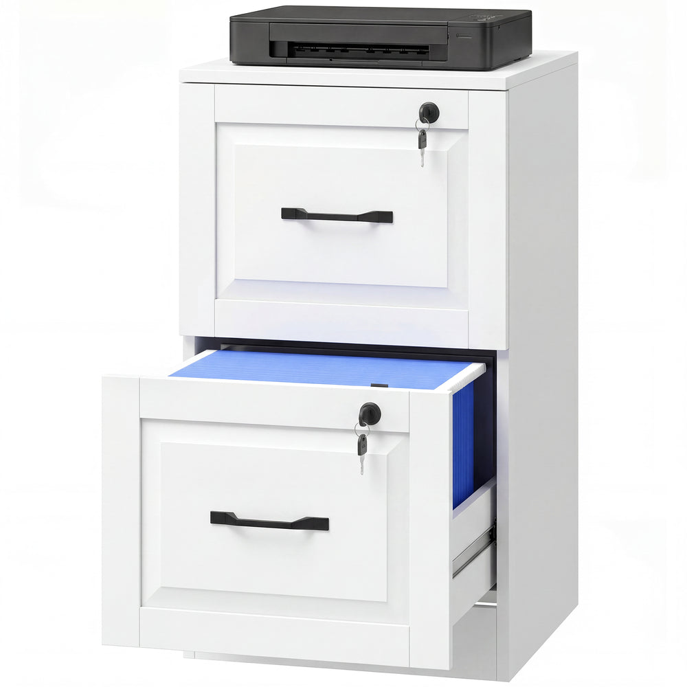 2-drawer vertical filing cabinet with lock, adjustable hanging rails for A4 and Letter sizes, white
