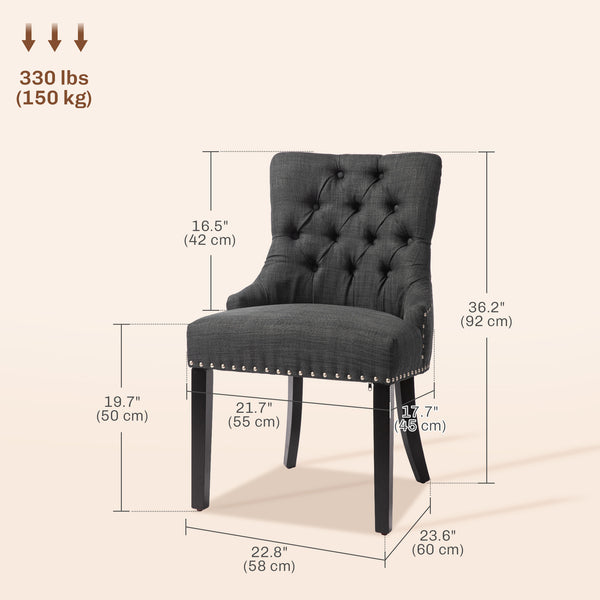 Set of 2 linen dining chairs with studded trim and wooden legs, dark grey