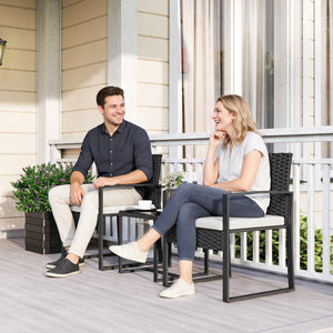 Outdoor Bistro Set, 3 Piece Wicker Patio Furniture Set with Glass Top Table and Cushions for Porch, Balcony, Cream White