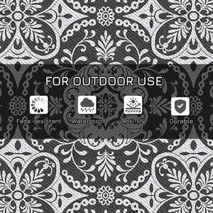 Portable outdoor mat with carrying bag, reversible, grey and white floral pattern