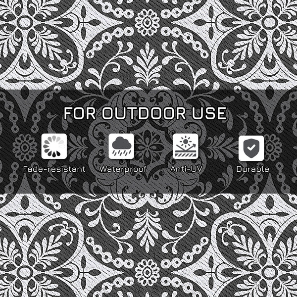 Portable outdoor mat with carrying bag, reversible, grey and white floral pattern