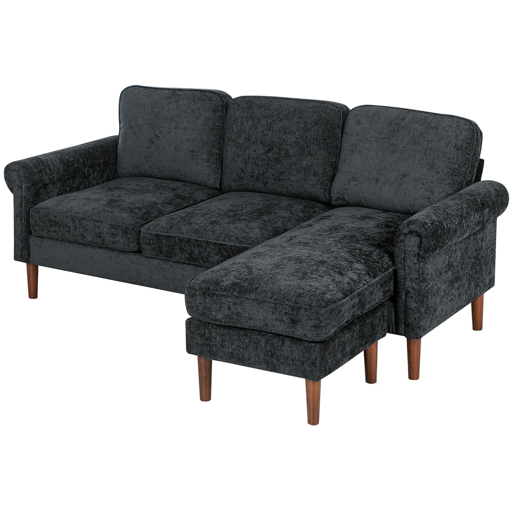 Modern corner sofa with removable chaise longue, wooden legs, black