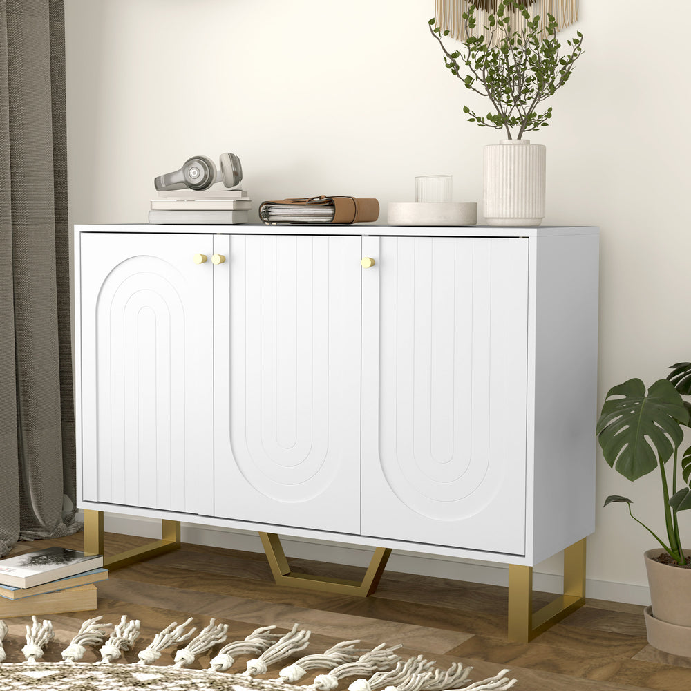 Sideboard Buffet Cabinet with 3 Doors, Modern Storage Cabinet with Adjustable Shelves & Center Leg, White