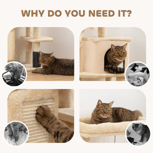 104cm Cat Tree with Scratching Posts, Basket, Hideaway and Jumping Platforms, Beige
