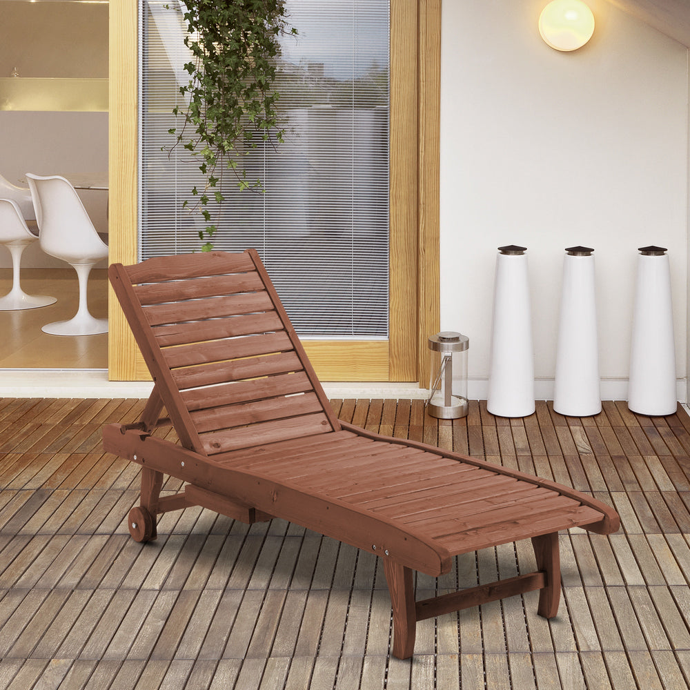 Wooden Outdoor Lounge Chair, Adjustable Patio Outdoor Chaise Recliner Garden Furniture, Tanning Chair with Pull-out Tray and 2 Wheels, Brown