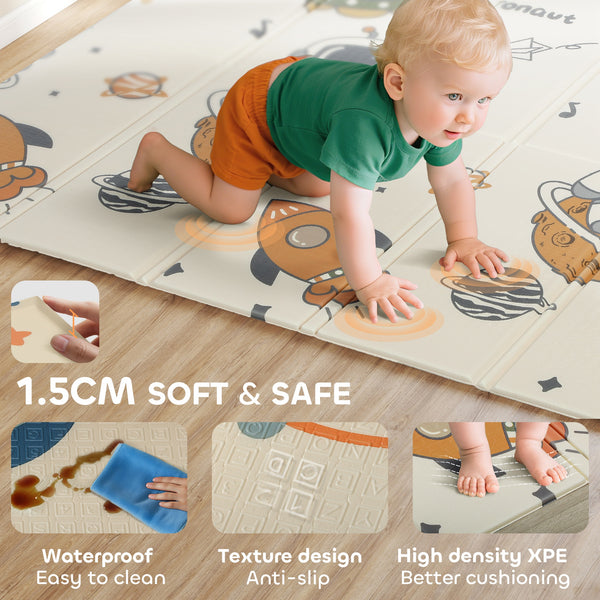 Reversible and waterproof play mat, foldable, astronaut and planet pattern