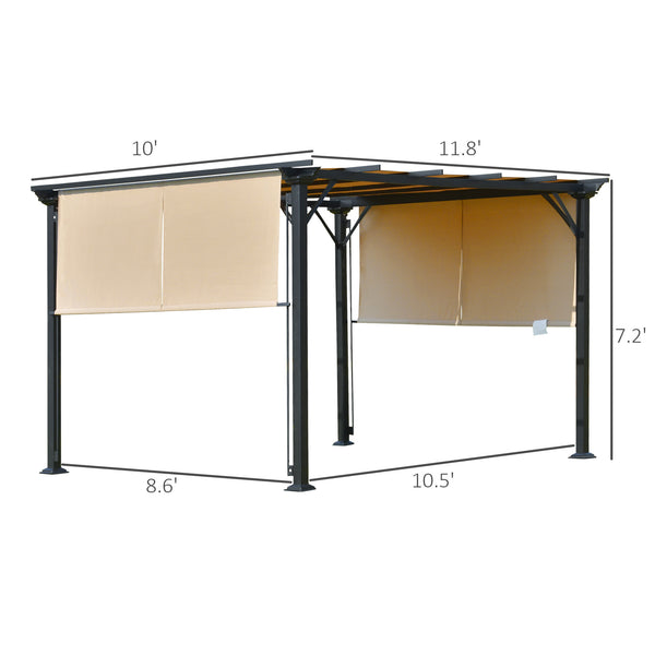 10 x 12 pergola with retractable roof, steel frame and posts, beige