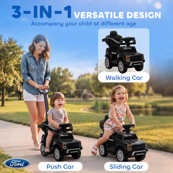 3-in-1 ride-on car with handle and lights, black