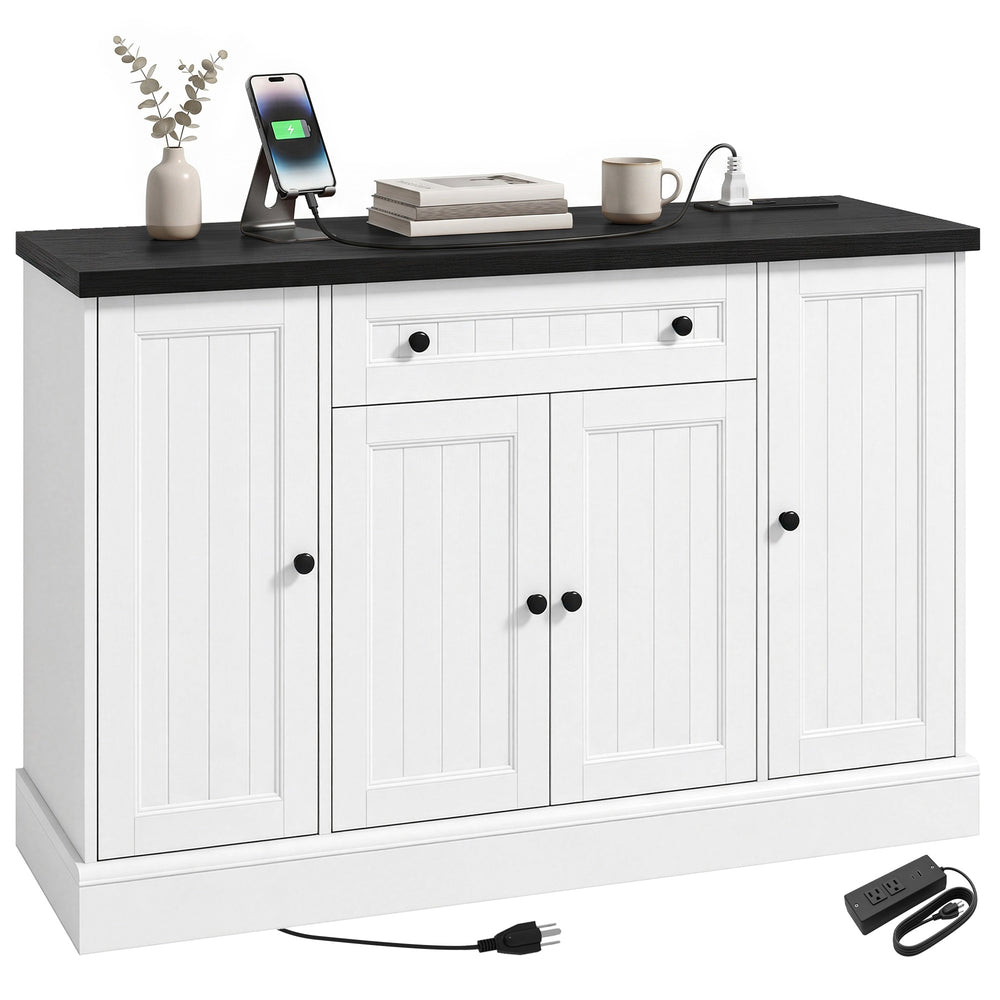 Storage buffet with charging station, 3 cabinets and adjustable shelves, white