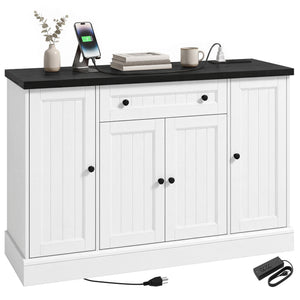 Storage buffet with charging station, 3 cabinets and adjustable shelves, white