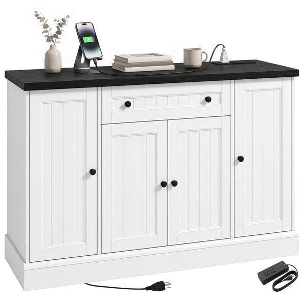 Storage buffet with charging station, 3 cabinets and adjustable shelves, white