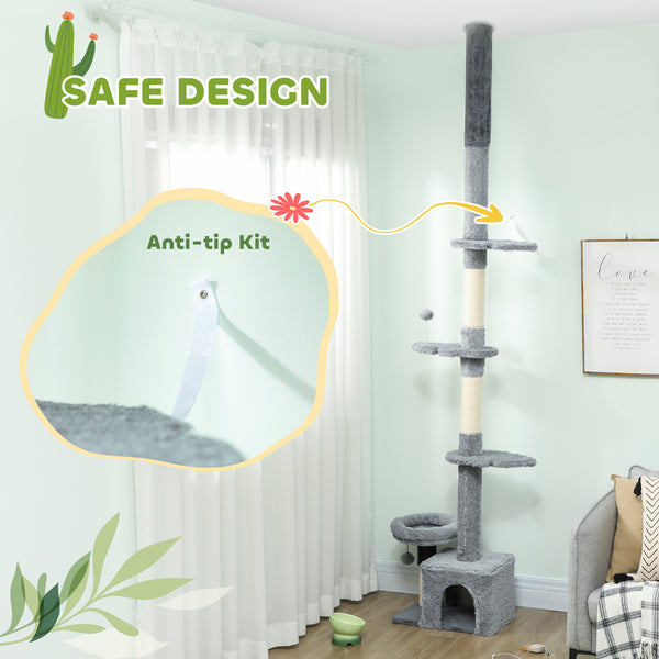 Cat tree with adjustable height from 221 to 254 cm, 4-level climbing tower with scratching post