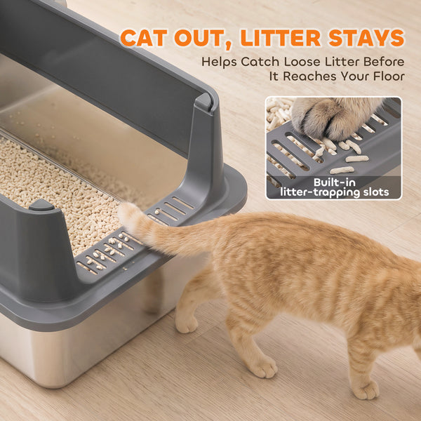Set of 2 XL stainless steel litter boxes with high sides and lids